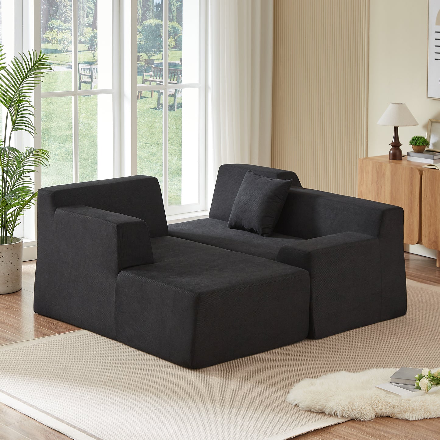 Muumblus 96.5" Cloud Sectional Sofa with Left Chaise, Cozy High-Back L-Shaped Modular Couch, No Assembly Boneless Sofa for Living Room, Apt., Black Corduroy
