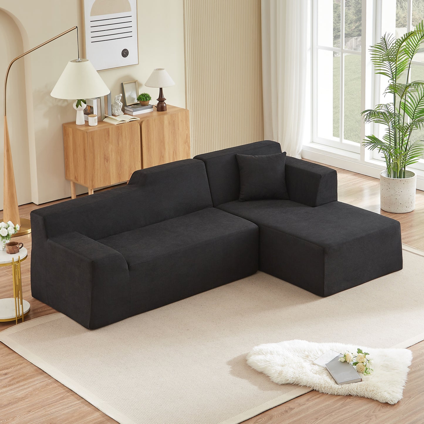 Muumblus 96.5" Cloud Sectional Sofa with Left Chaise, Cozy High-Back L-Shaped Modular Couch, No Assembly Boneless Sofa for Living Room, Apt., Black Corduroy