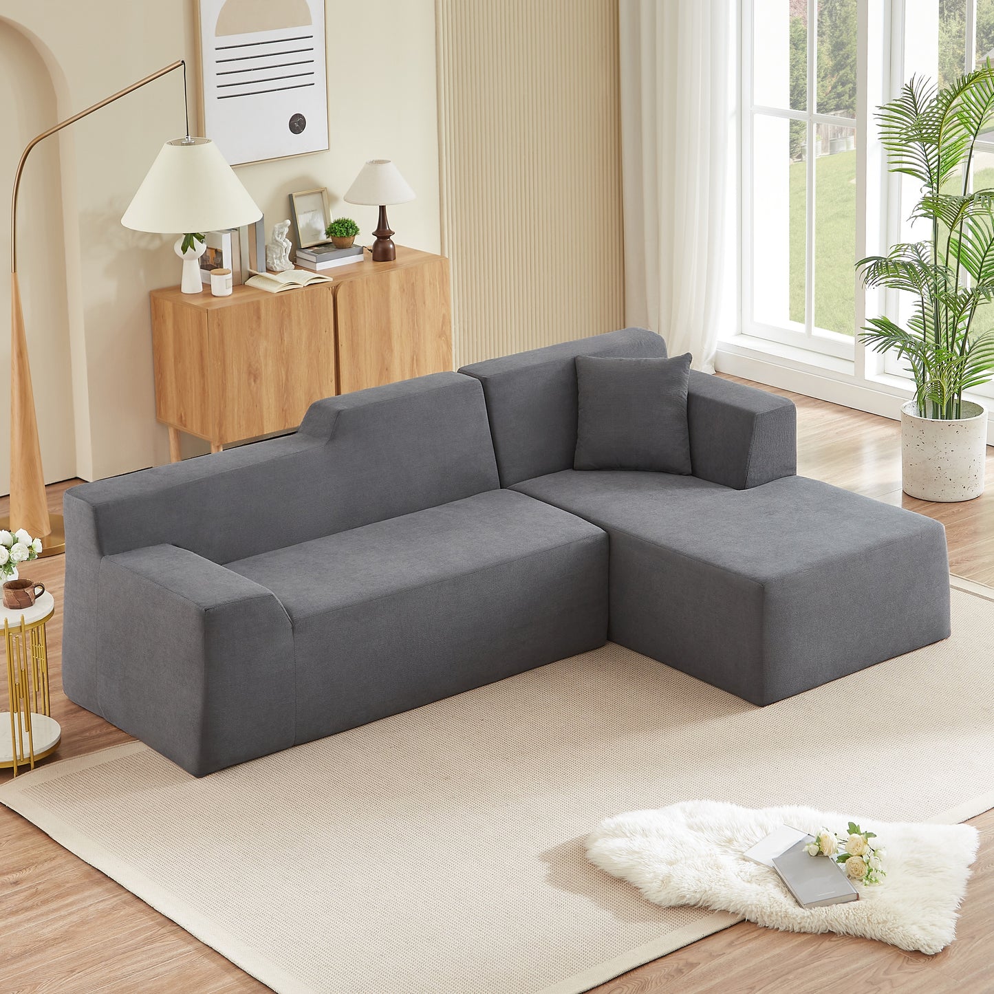 Muumblus 96.5" Cloud Sectional Sofa with Left Chaise, Cozy High-Back L-Shaped Modular Couch, No Assembly Boneless Sofa for Living Room, Apt., Black Corduroy