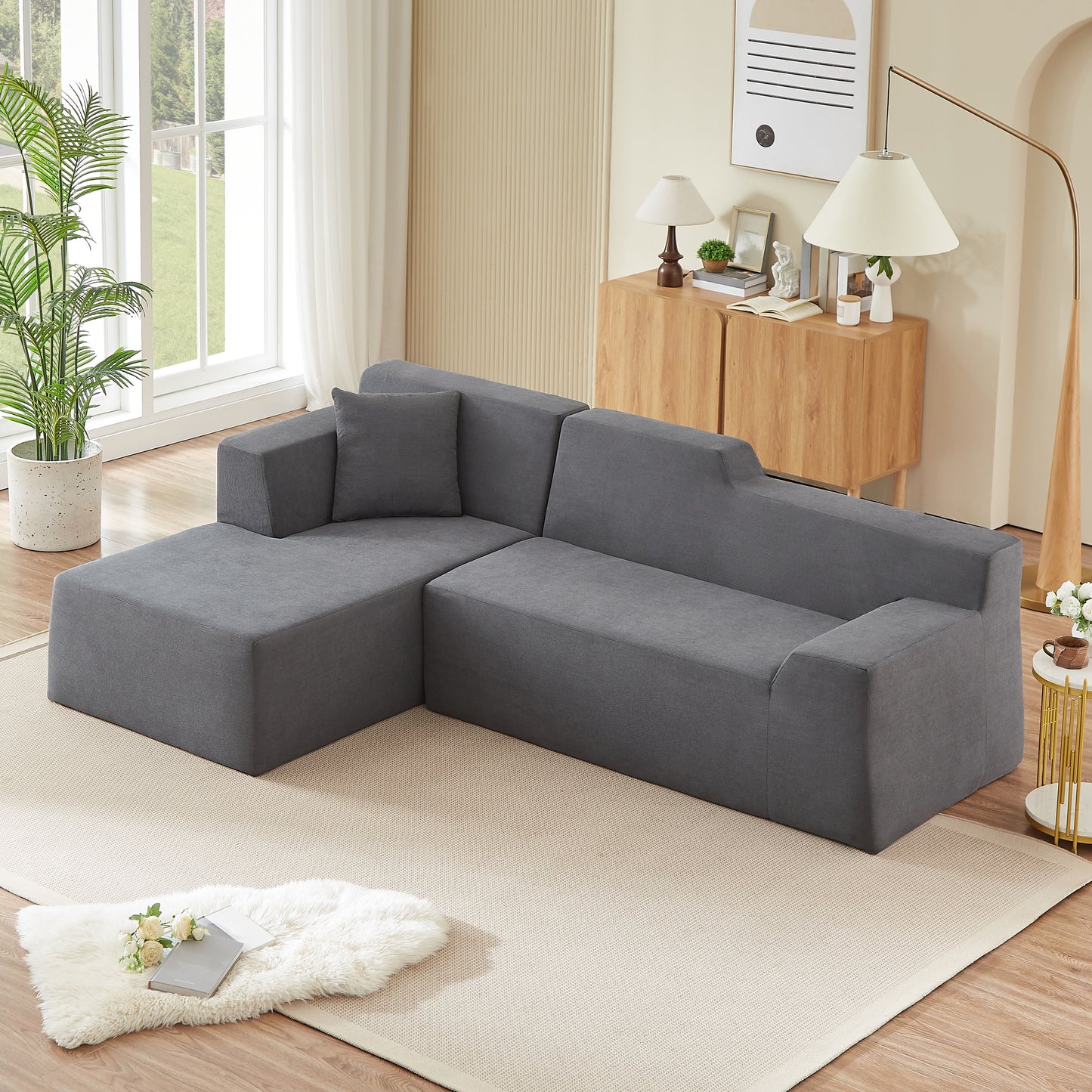 Muumblus 96.5" Cloud Sectional Sofa with Left Chaise, Cozy High-Back L-Shaped Modular Couch, No Assembly Boneless Sofa for Living Room, Apt., Black Corduroy