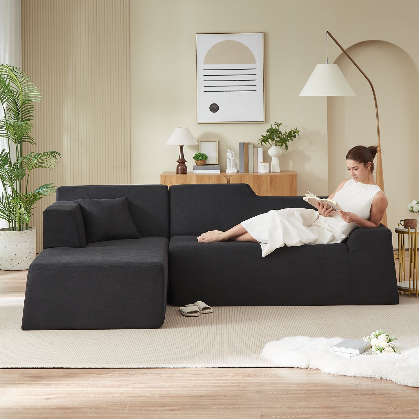 Muumblus 96.5" Cloud Sectional Sofa with Left Chaise, Cozy High-Back L-Shaped Modular Couch, No Assembly Boneless Sofa for Living Room, Apt., Black Corduroy