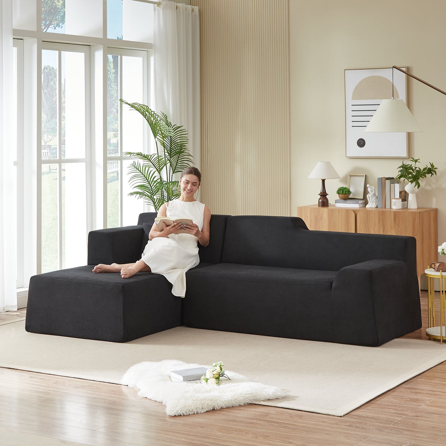 Muumblus 96.5" Cloud Sectional Sofa with Left Chaise, Cozy High-Back L-Shaped Modular Couch, No Assembly Boneless Sofa for Living Room, Apt., Black Corduroy