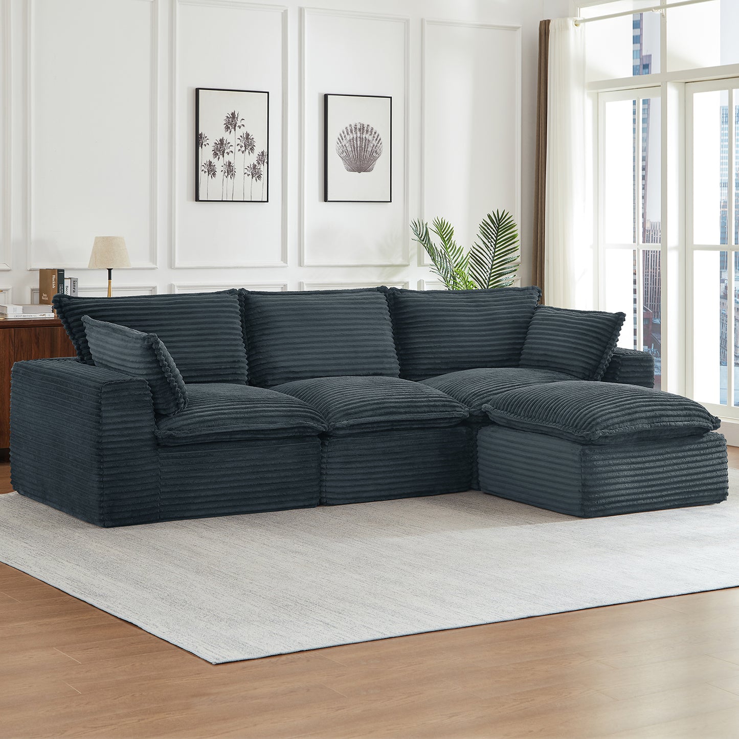 Muumblus 109" Modular Sectional Sofa with 2 Movable Ottoman,Oversized Boneless Deep Seat U-Shaped Cloud Couch, No Assembly Corduroy Living Room Sofa, Black