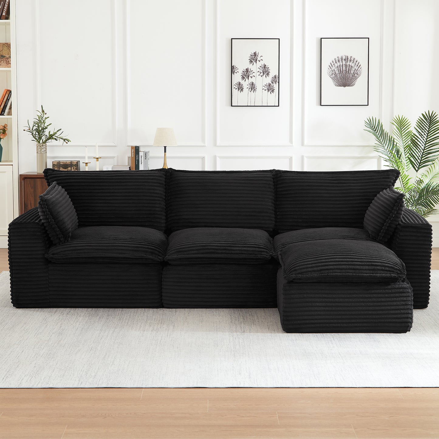 Muumblus 109" Modular Sectional Sofa with 2 Movable Ottoman,Oversized Boneless Deep Seat U-Shaped Cloud Couch, No Assembly Corduroy Living Room Sofa, Black