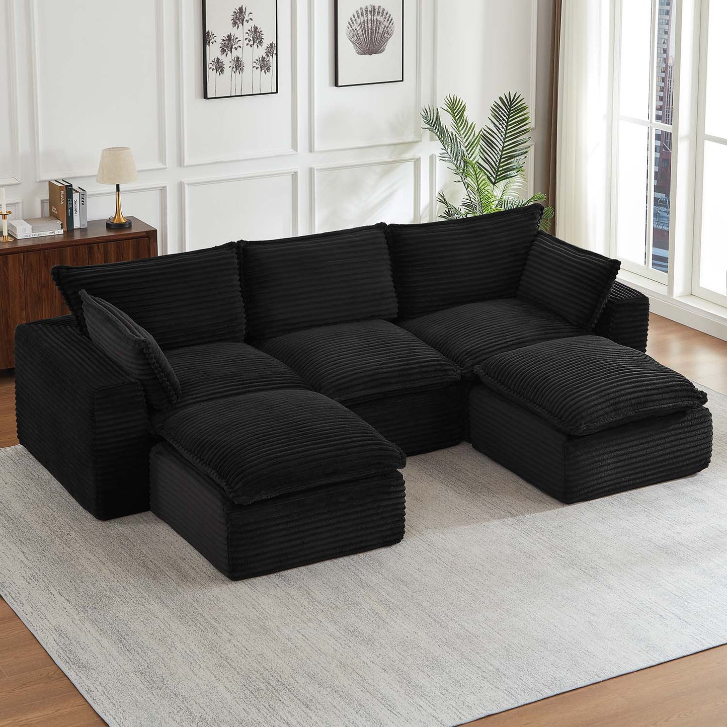 Muumblus 109" Modular Sectional Sofa with 2 Movable Ottoman,Oversized Boneless Deep Seat U-Shaped Cloud Couch, No Assembly Corduroy Living Room Sofa, Black