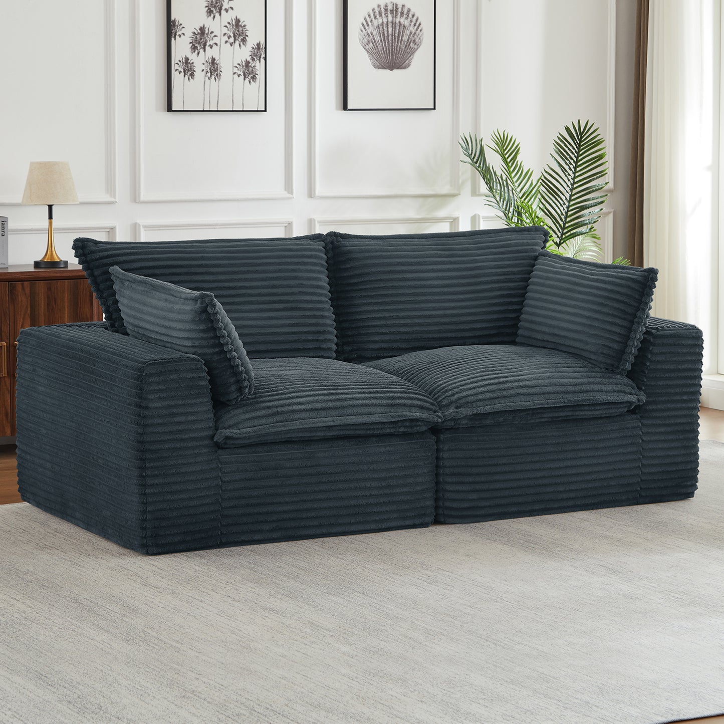 Muumblus 109" Modular Sectional Sofa with 2 Movable Ottoman,Oversized Boneless Deep Seat U-Shaped Cloud Couch, No Assembly Corduroy Living Room Sofa, Black