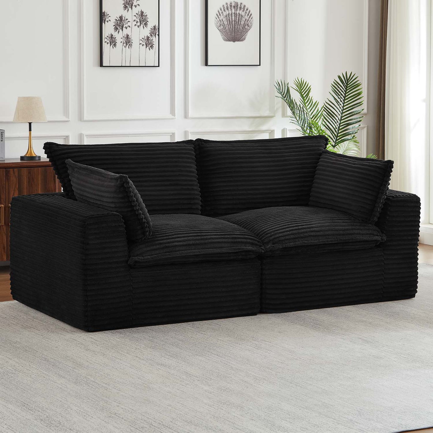 Muumblus 109" Modular Sectional Sofa with 2 Movable Ottoman,Oversized Boneless Deep Seat U-Shaped Cloud Couch, No Assembly Corduroy Living Room Sofa, Black