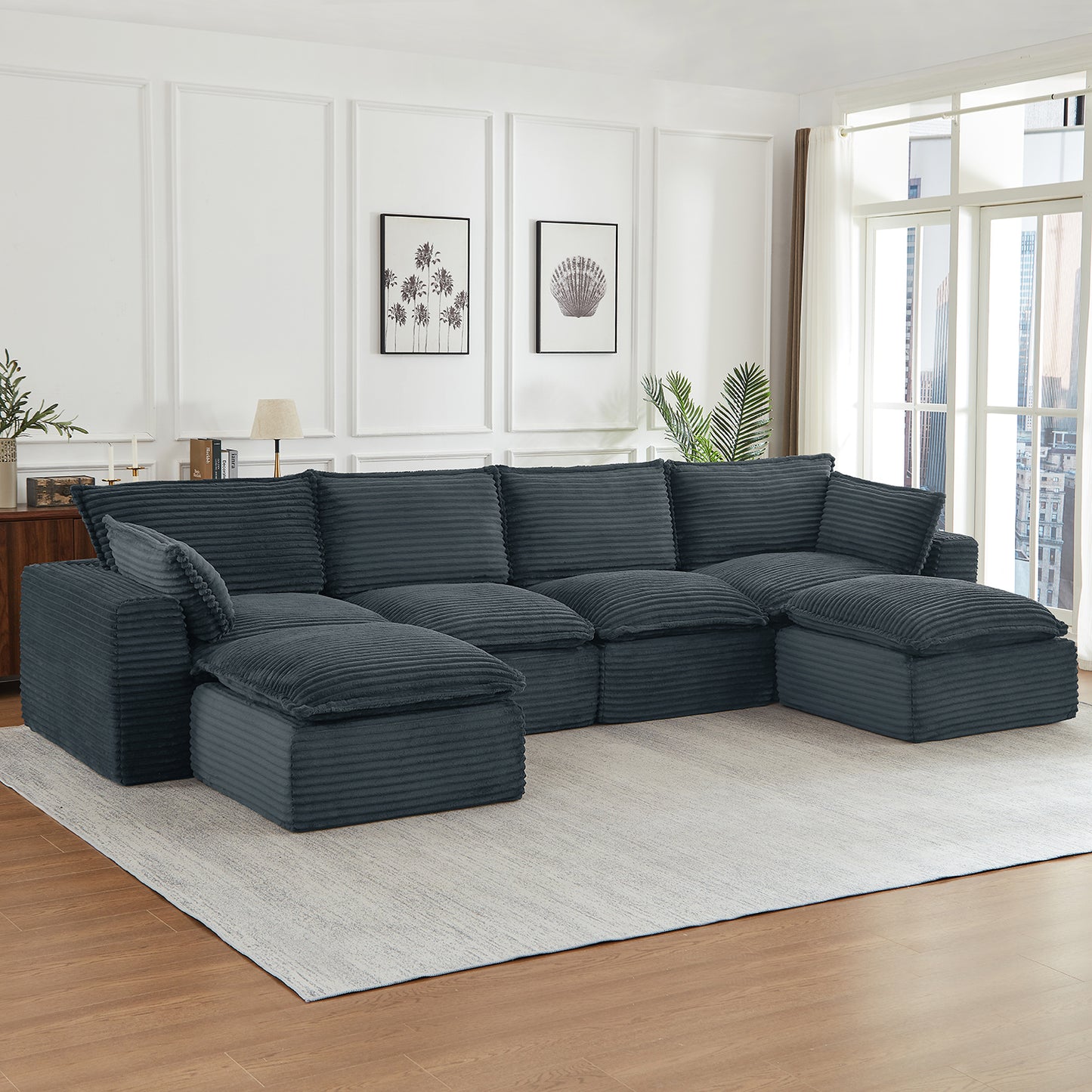 Muumblus 109" Modular Sectional Sofa with 2 Movable Ottoman,Oversized Boneless Deep Seat U-Shaped Cloud Couch, No Assembly Corduroy Living Room Sofa, Black