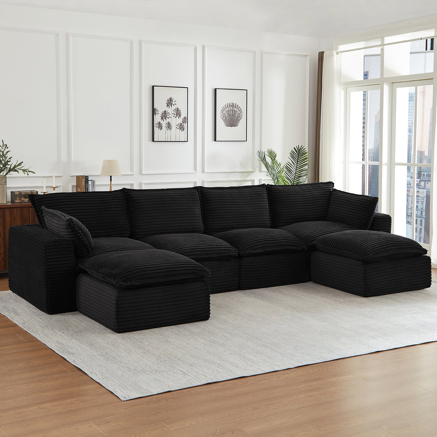 Muumblus 109" Modular Sectional Sofa with 2 Movable Ottoman,Oversized Boneless Deep Seat U-Shaped Cloud Couch, No Assembly Corduroy Living Room Sofa, Black