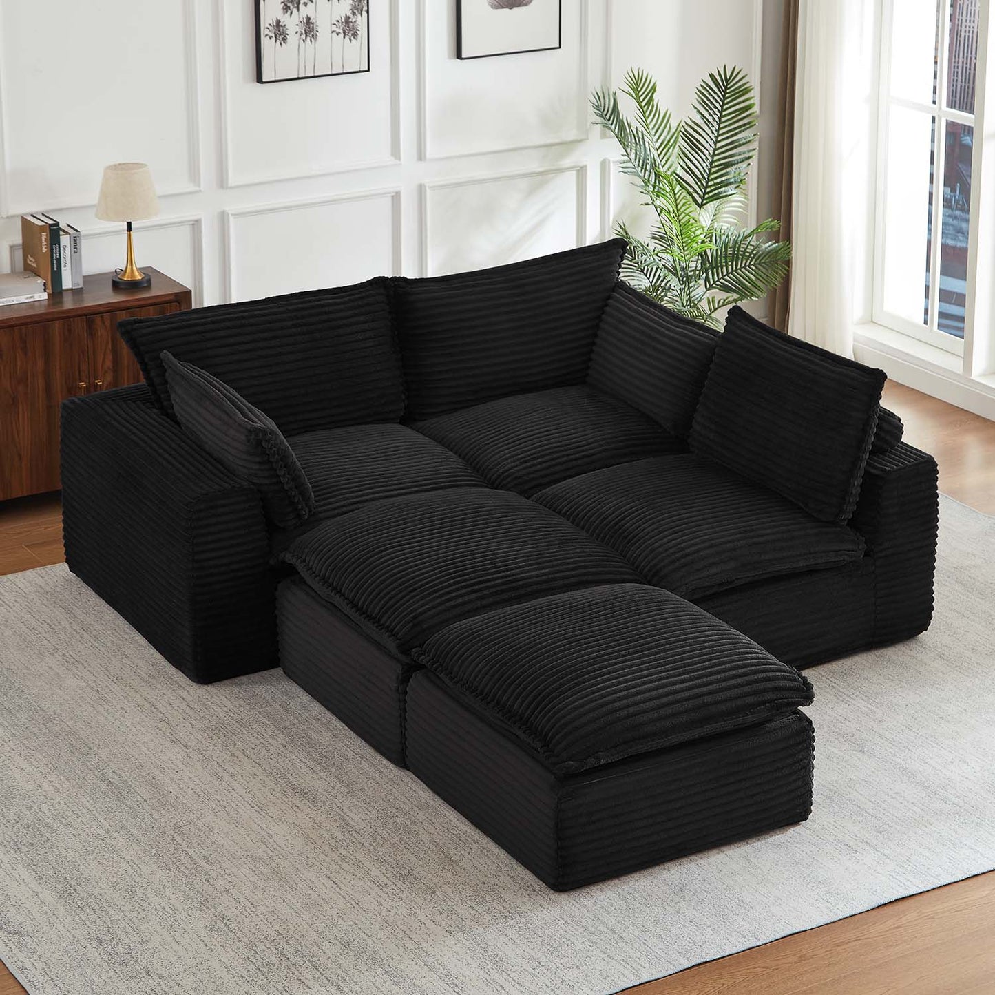Muumblus 109" Modular Sectional Sofa with 2 Movable Ottoman,Oversized Boneless Deep Seat U-Shaped Cloud Couch, No Assembly Corduroy Living Room Sofa, Black