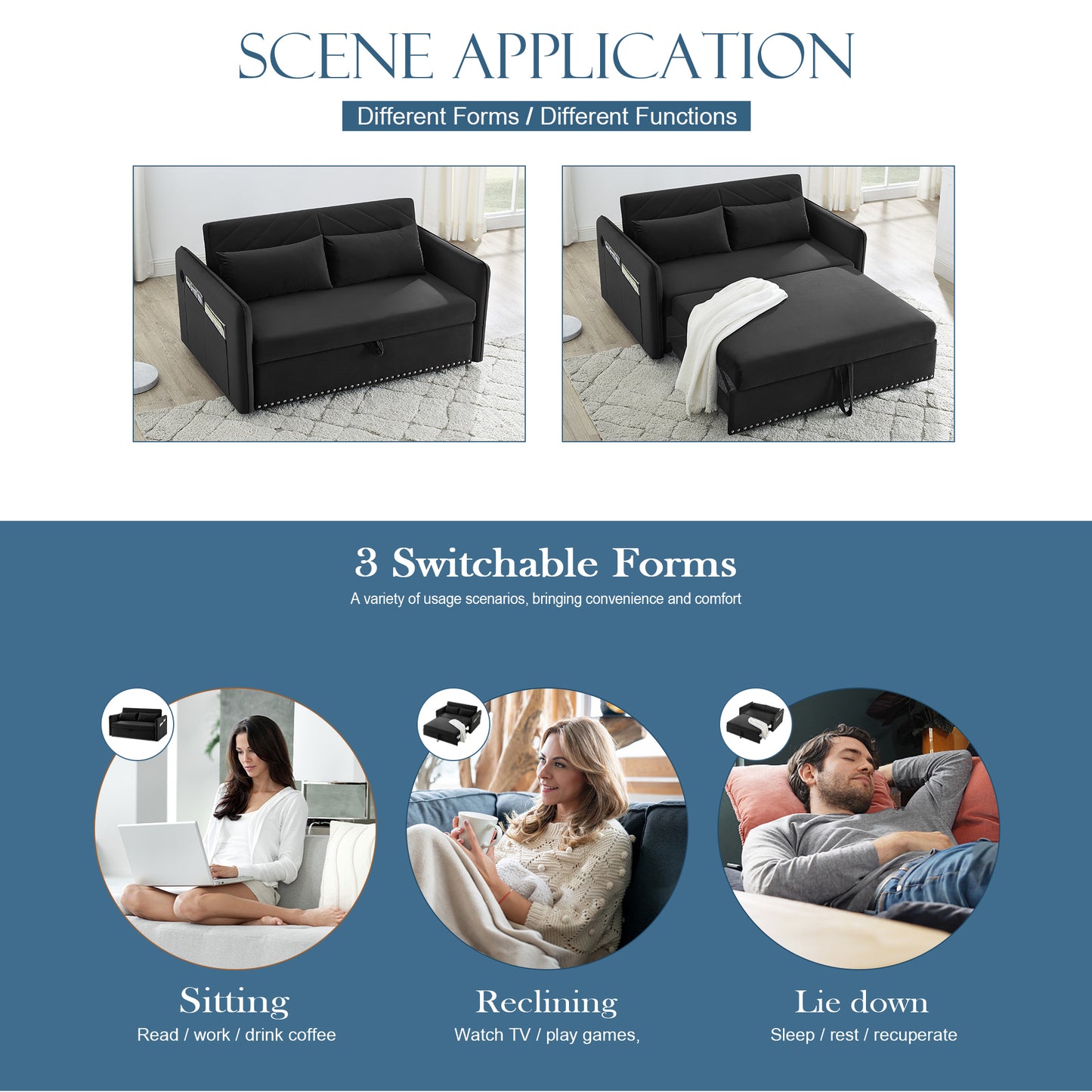 Muumblus 55" Pull Out Sofa Bed, Convertible Sleeper Loveseat with USB Ports, Modern Velvet Small Love Seat Futon Sofa for Living Room, Adjsutable Backrest