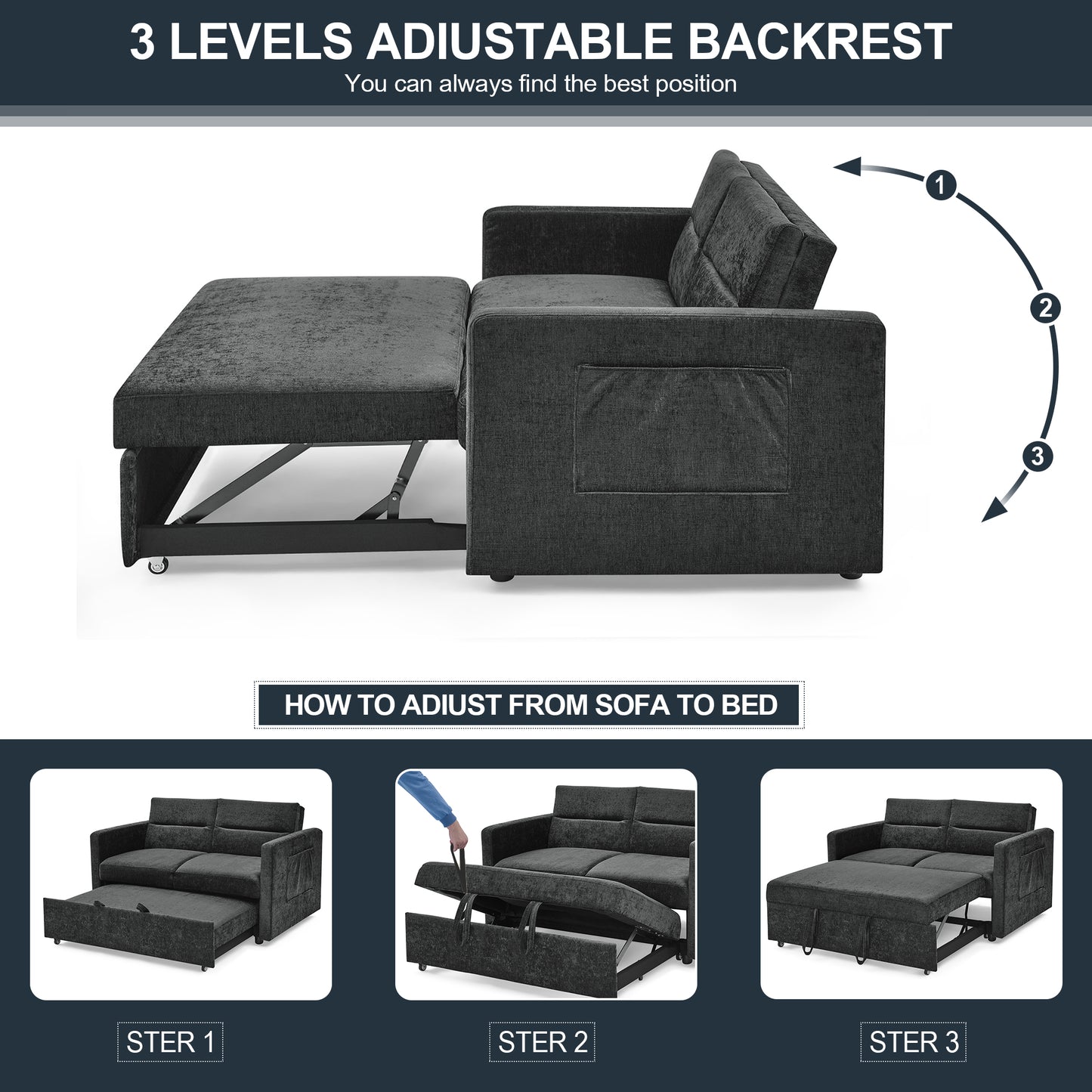 Muumblus 54.5" Convertible Loveseat Sleeper Sofa Bed with Pull Out Bed, Modern Velvet Sleeper Sofa for Living Room, Adjsutable Backrest, Black