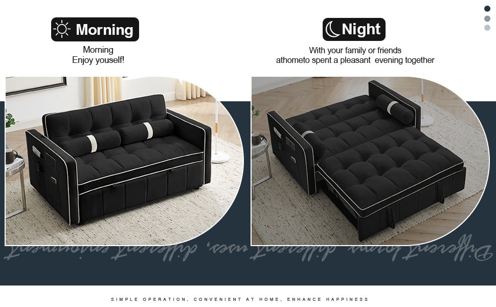 Muumblus 55.5" Pull Out Sleep Sofa Bed 2 Seater Loveseats Convertible Futon Sofa Bed with Adjsutable Backrest, Modern Velvet Sofa Couch for Living Room, Black