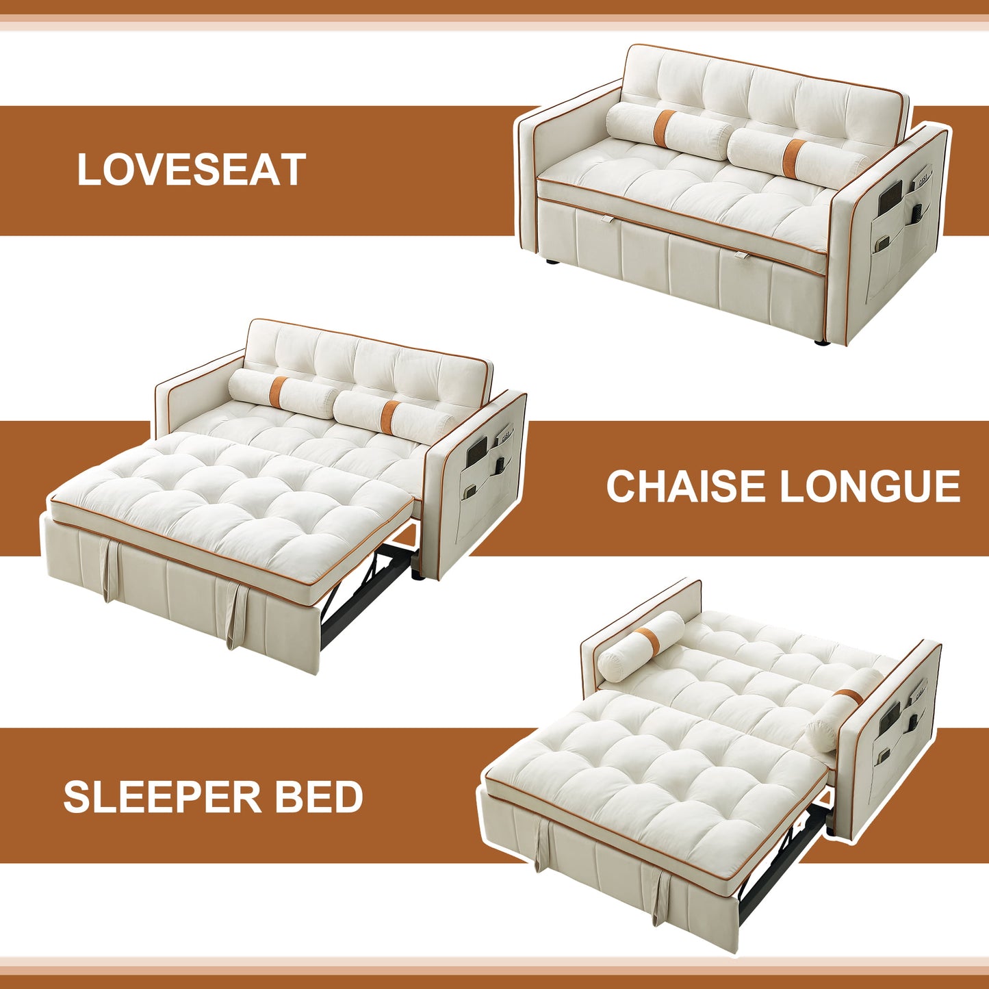 Muumblus 55.5" Pull Out Sleep Sofa Bed 2 Seater Loveseats Convertible Futon Sofa Bed with Adjsutable Backrest, Modern Velvet Sofa Couch for Living Room, Beige