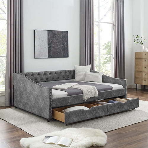 Muumblus Full Size Adult Daybed with Drawers， Modern Upholstered Tufted Sofa Bed for Bedroom & Living Room， Button Back and Waved Shape Arms, Gray