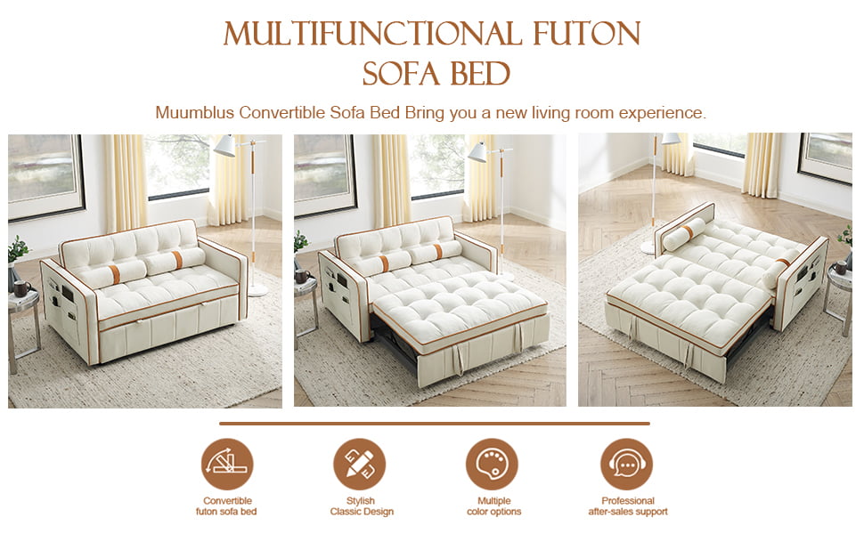 Muumblus 55.5" Pull Out Sleep Sofa Bed 2 Seater Loveseats Convertible Futon Sofa Bed with Adjsutable Backrest, Modern Velvet Sofa Couch for Living Room, Beige