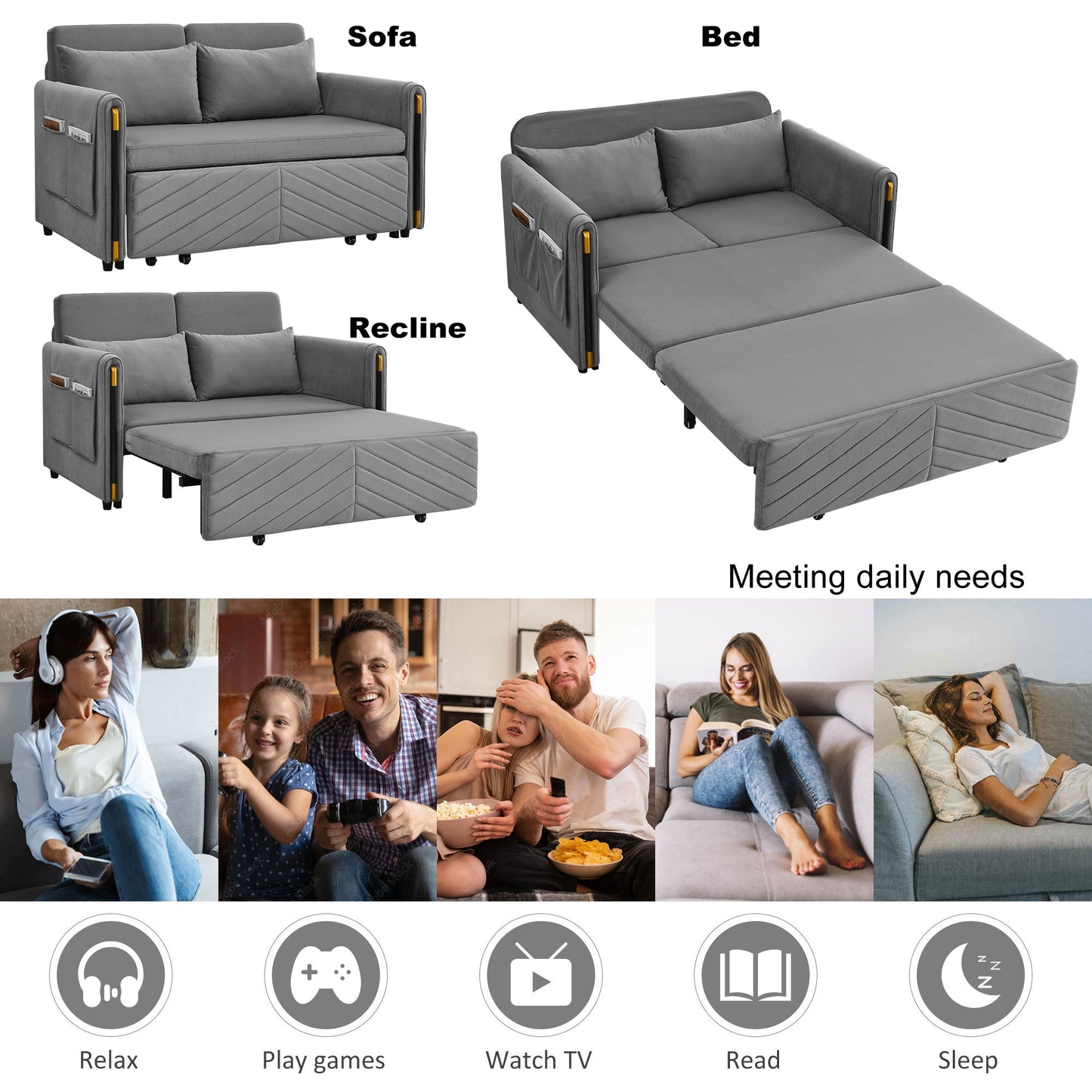 Muumblus 54" Pull Out Sleeper Sofa, Modern Velvet Convertible Loveseat Sleeper with Pull Out Bed for Living Room, Grey