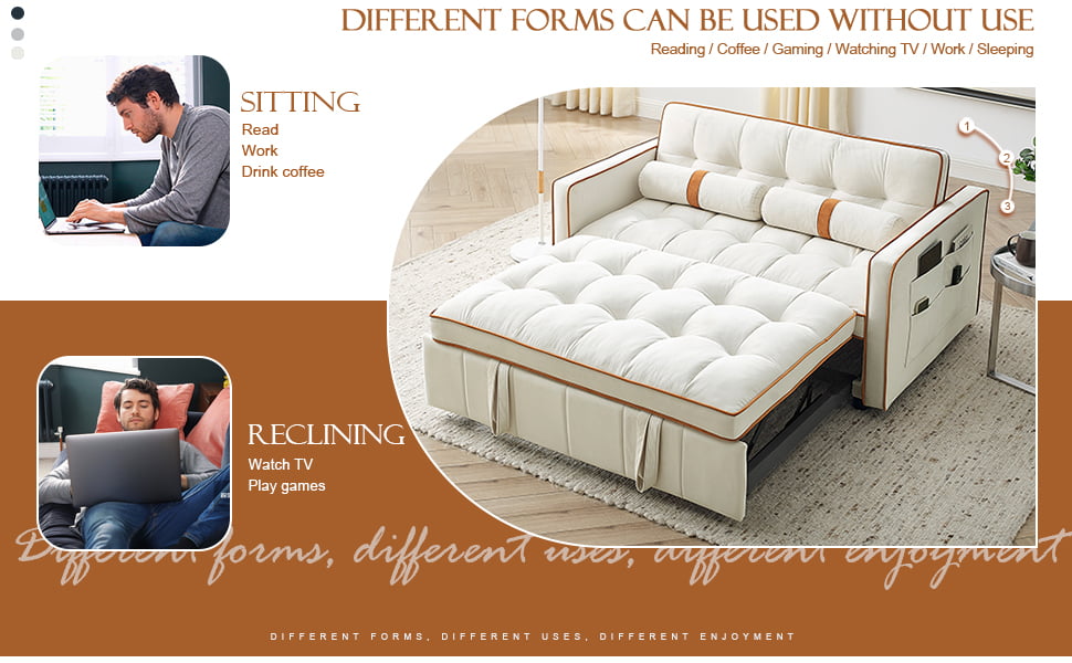 Muumblus 55.5" Pull Out Sleep Sofa Bed 2 Seater Loveseats Convertible Futon Sofa Bed with Adjsutable Backrest, Modern Velvet Sofa Couch for Living Room, Beige