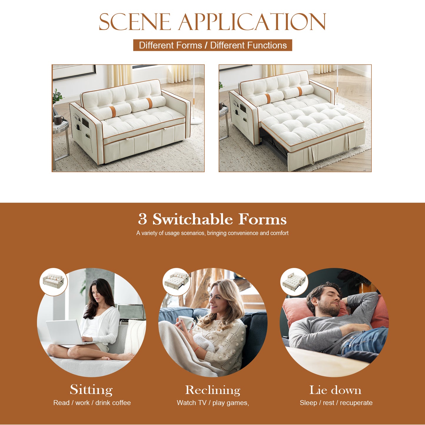 Muumblus 55.5" Pull Out Sleep Sofa Bed 2 Seater Loveseats Convertible Futon Sofa Bed with Adjsutable Backrest, Modern Velvet Sofa Couch for Living Room, Beige