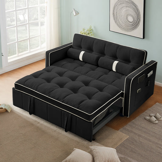 Muumblus 55.5" Pull Out Sleep Sofa Bed 2 Seater Loveseats Convertible Futon Sofa Bed with Adjsutable Backrest, Modern Velvet Sofa Couch for Living Room, Black