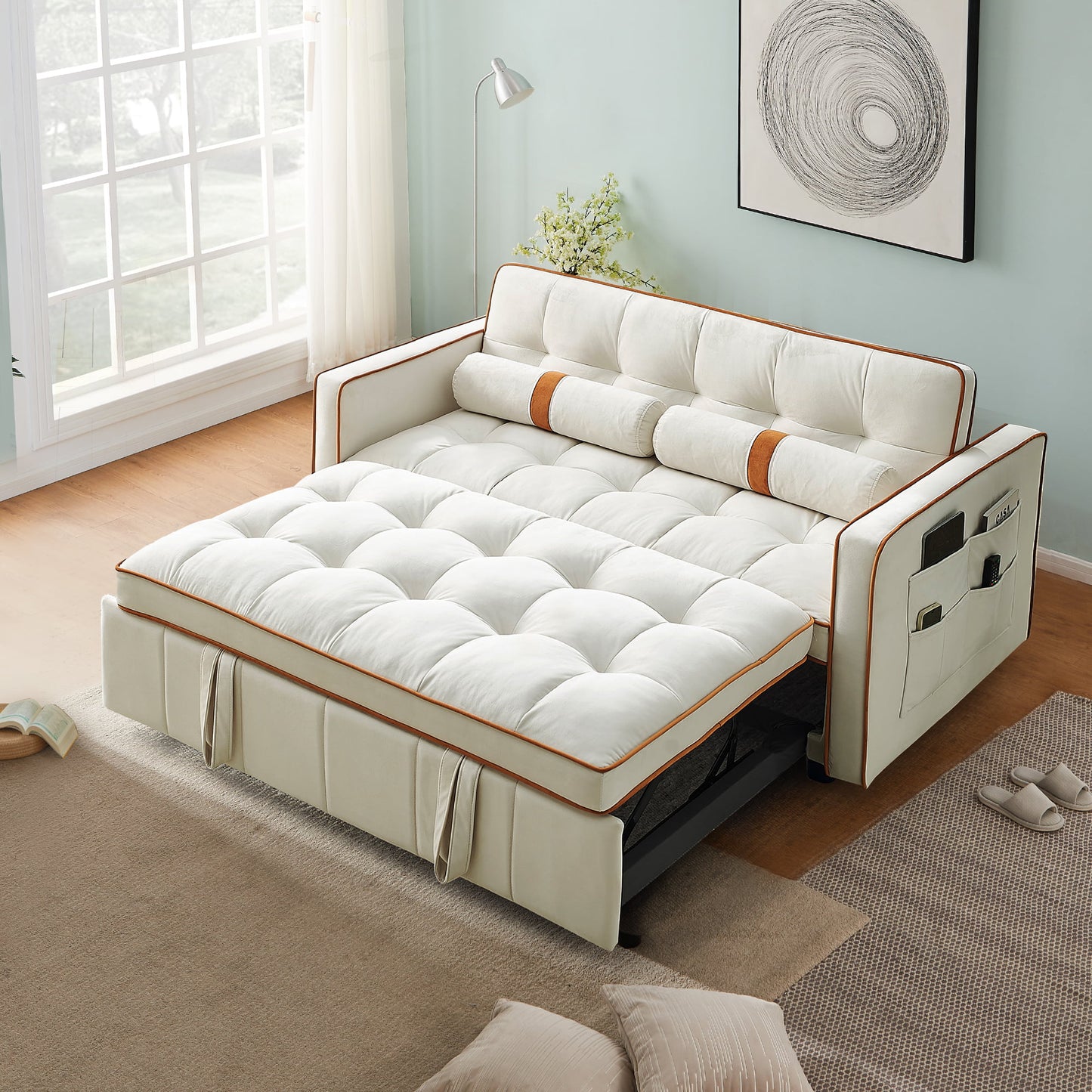 Muumblus 55.5" Pull Out Sleep Sofa Bed 2 Seater Loveseats Convertible Futon Sofa Bed with Adjsutable Backrest, Modern Velvet Sofa Couch for Living Room, Beige