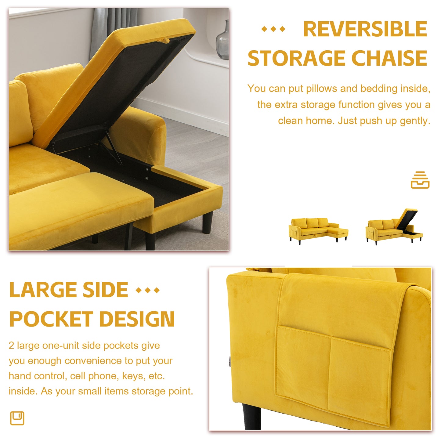 Muumblus Sectional Sleeper Sofa with Pull Out Bed, Modern Sectional Sofa with Storage Shaise, Queen Size Pull Out Sofa Bed for Living Room, Yellow Fabric