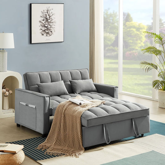 Muumblus 55" Pull Out Sofa Bed, Convertible Sleeper Loveseat with Pull Out Bed, Modern Velvet Sleeper for Living Room, Adjsutable Backrest, Grey