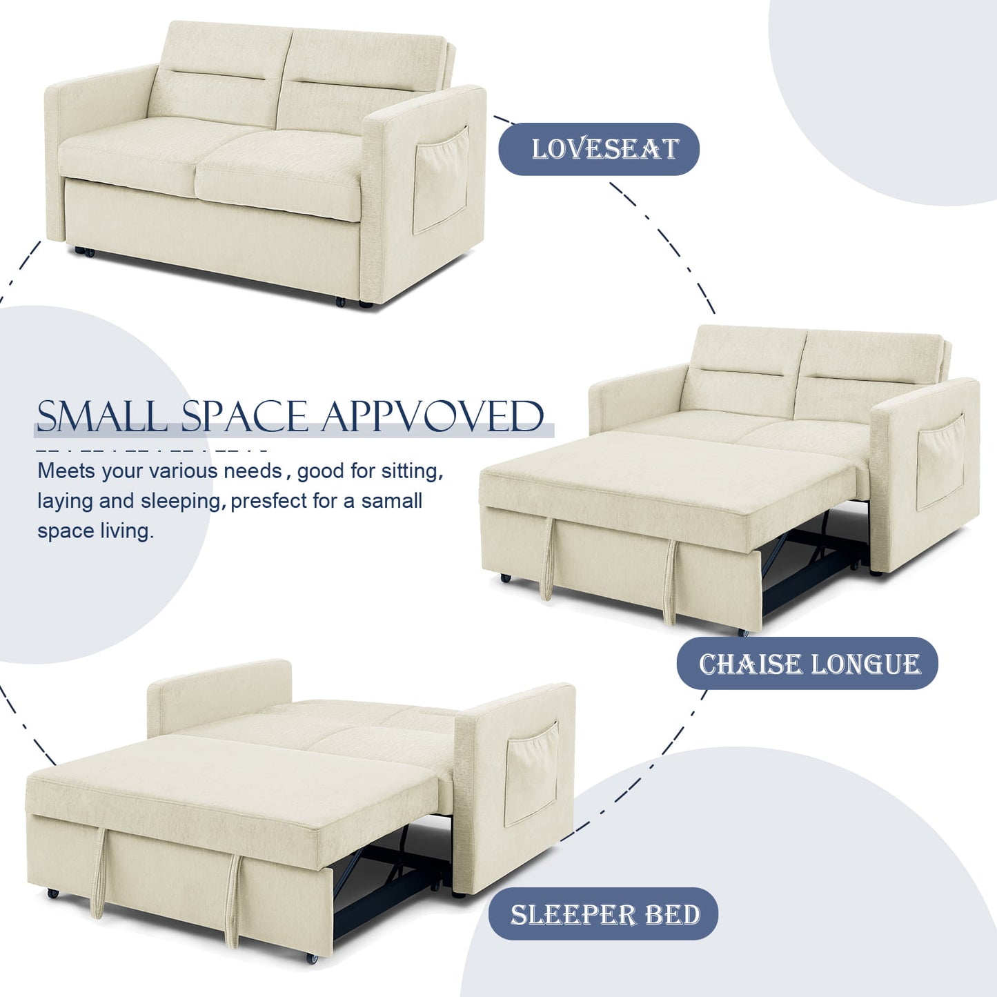 Muumblus 54.5" Pull Out Sofa Bed, Convertible Futon Sofa Bed with Pull Out Bed, Loveseat Sleeper Sofa for Living Room, Adjustable Back