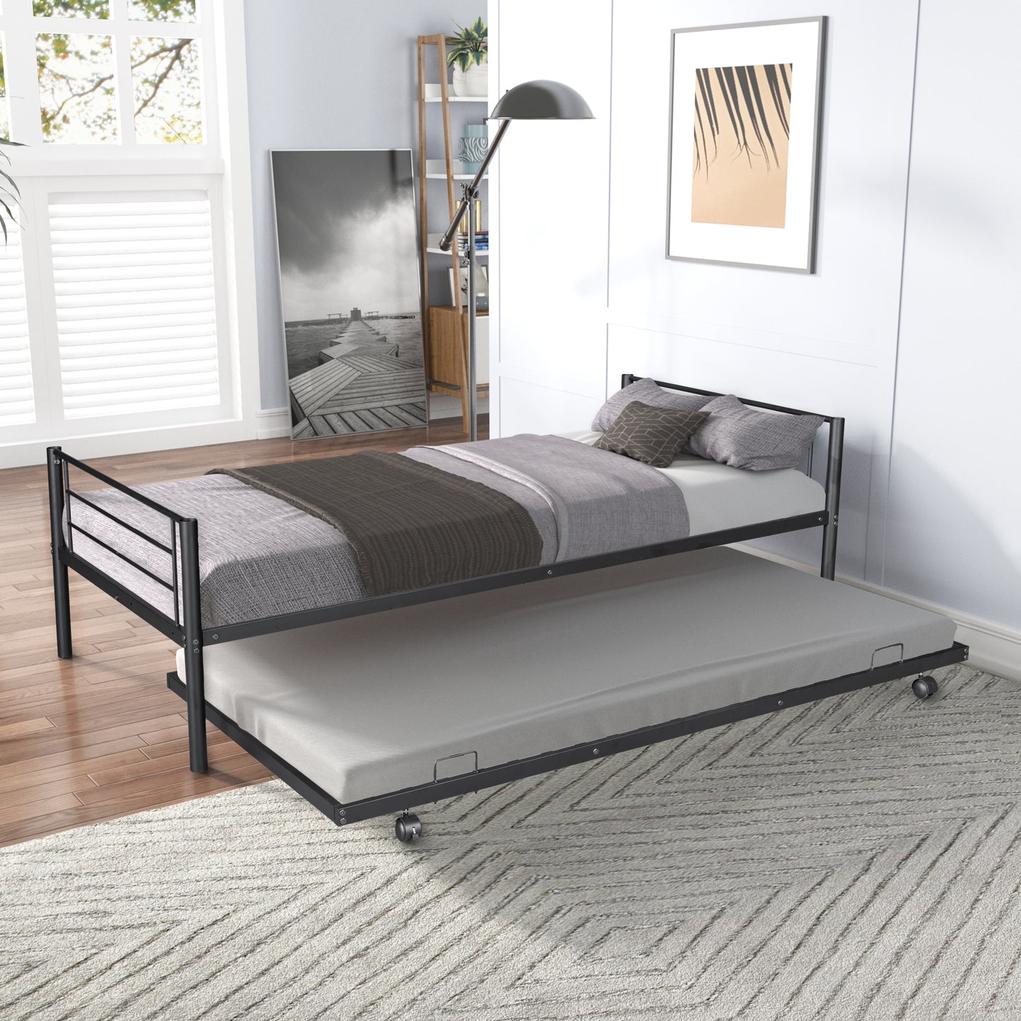 Muumblus Twin Over Twin Bunk Bed with Trundle, Metal Bed Frame with Safety Guard Rail and Ladders, Space Saving Design Bedroom Bunk Bed for Kids and Adults, M925