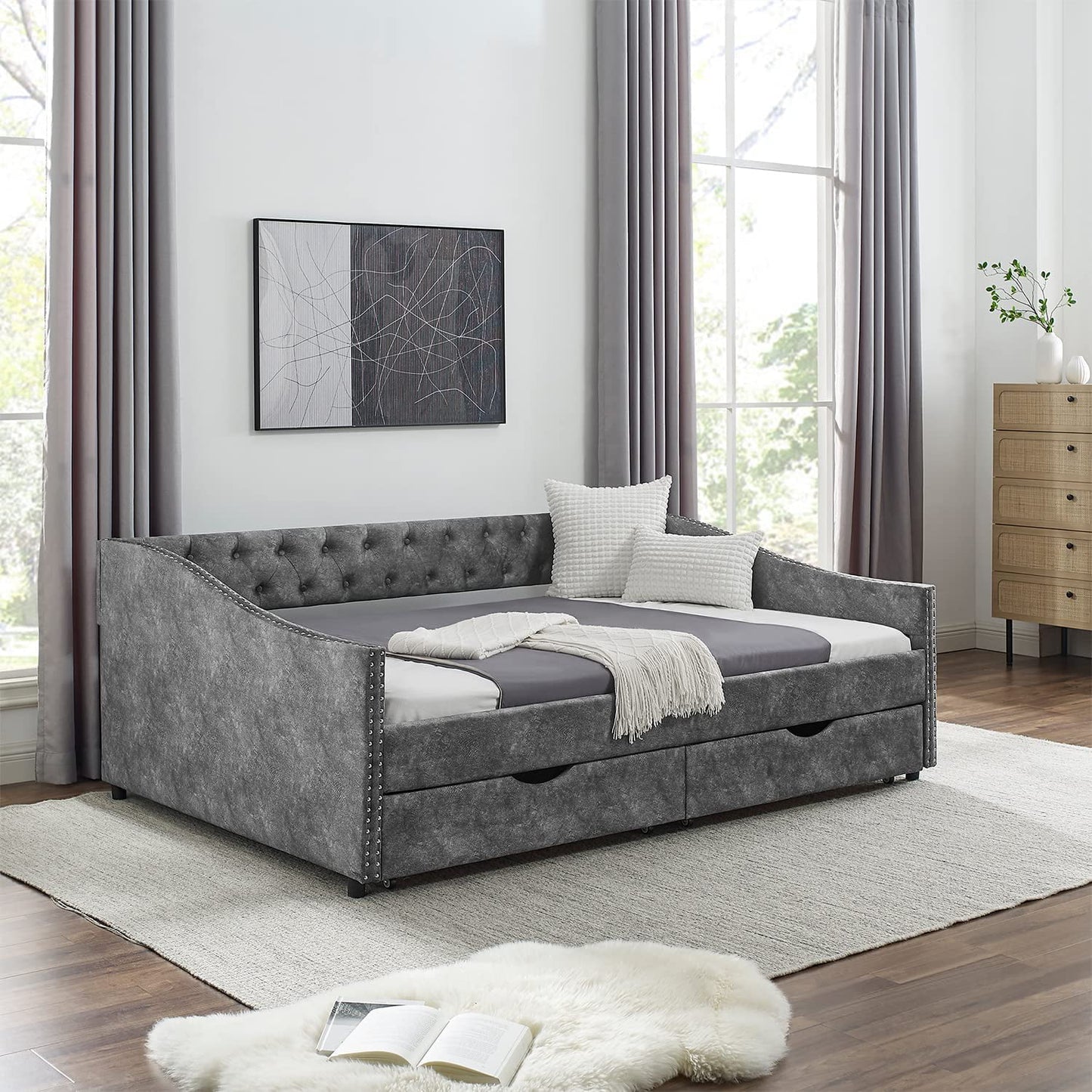 Muumblus Full Size Adult Daybed with Drawers， Modern Upholstered Tufted Sofa Bed for Bedroom & Living Room， Button Back and Waved Shape Arms, Gray
