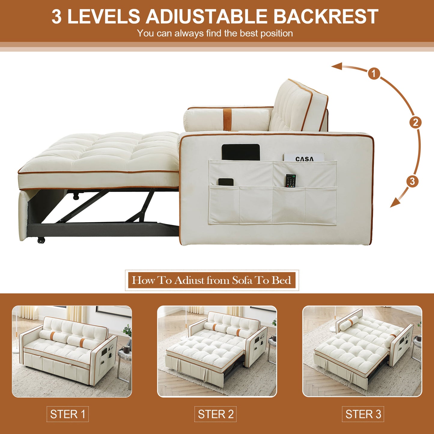 Muumblus 55.5" Pull Out Sleep Sofa Bed 2 Seater Loveseats Convertible Futon Sofa Bed with Adjsutable Backrest, Modern Velvet Sofa Couch for Living Room, Beige