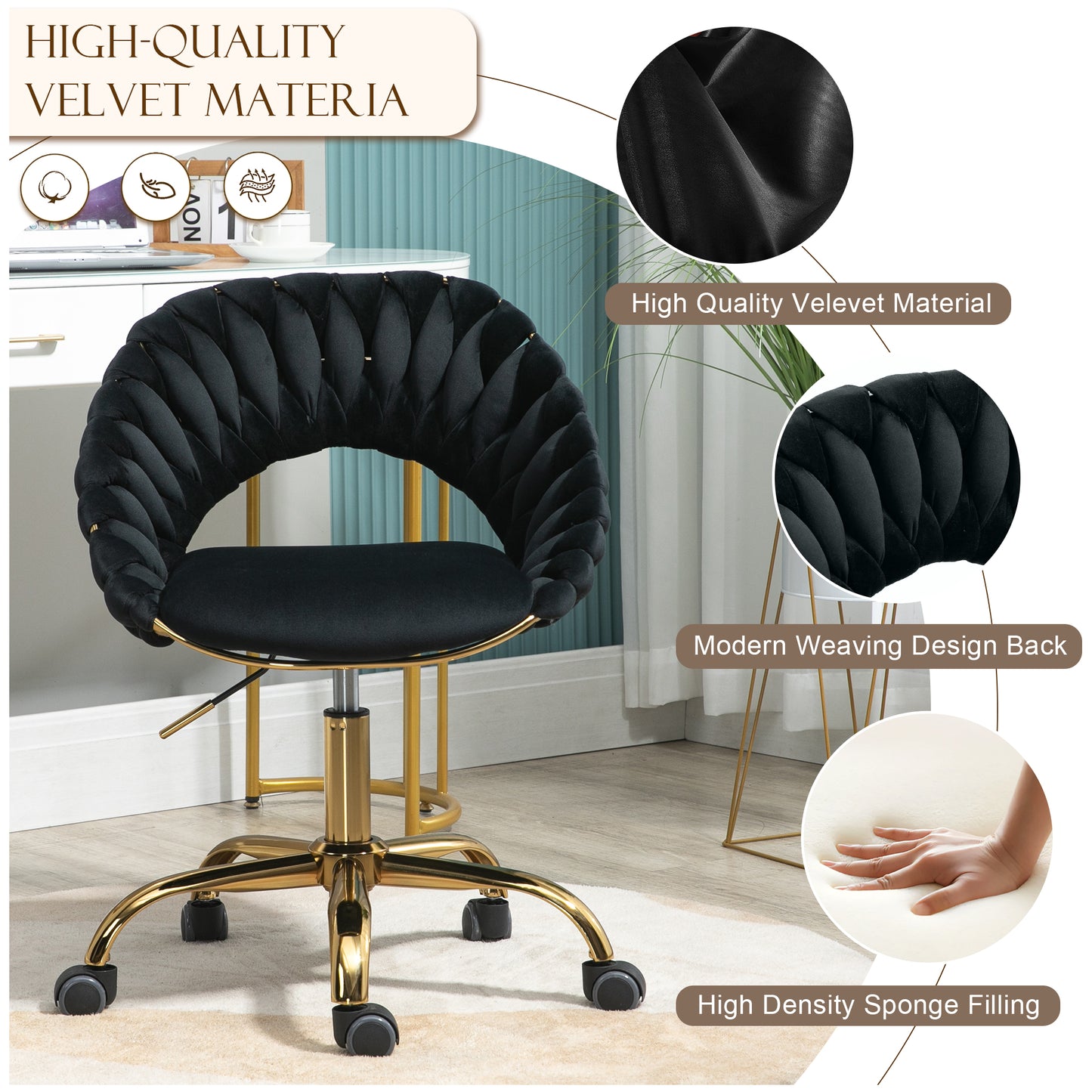 Muumblus Home Office Chair, Modern Woven Velvet Mid Back Armless Adjustable Swivel Task Chair for Small Space, Living Room, Make Up, Study, Beige