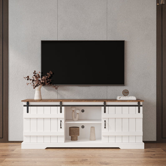 Muumblus Farmhouse Sliding Barn Door TV Stand, Wood TV Console for up to 80 TV, White