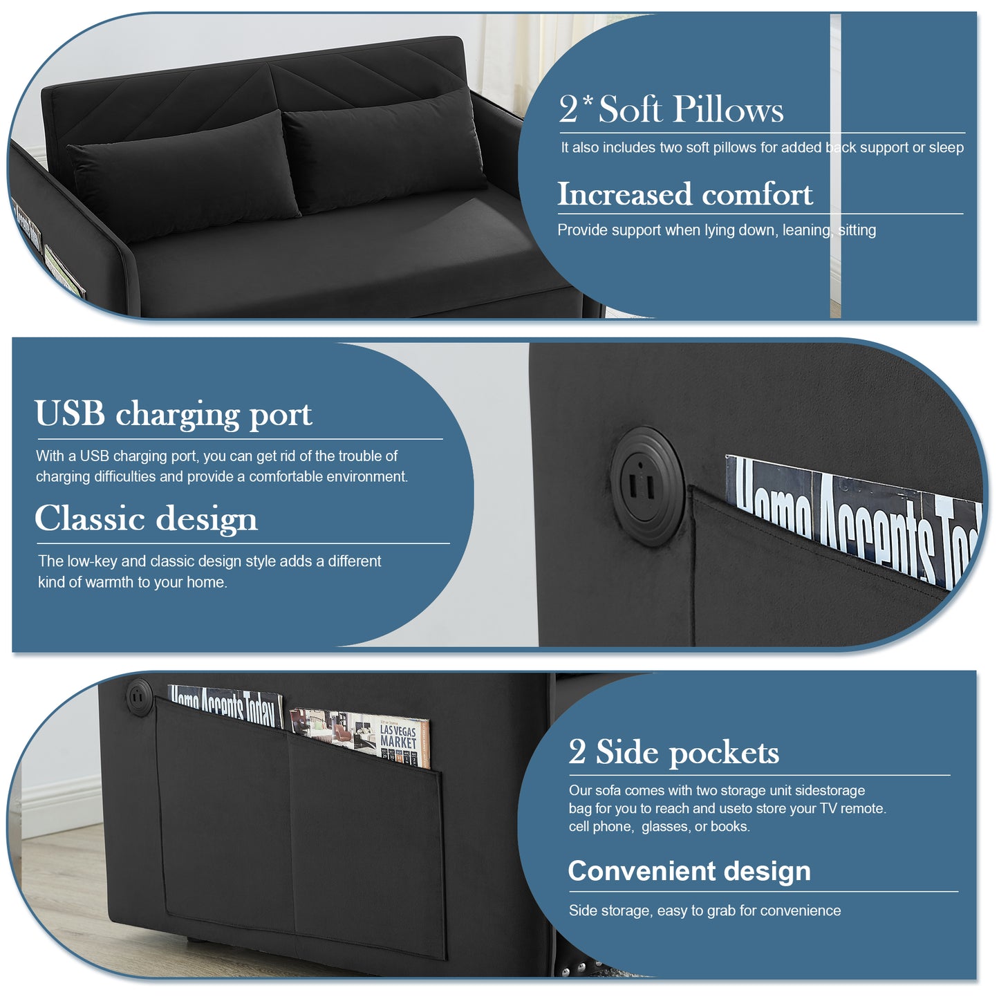Muumblus 55" Pull Out Sofa Bed, Convertible Sleeper Loveseat with USB Ports, Modern Velvet Small Love Seat Futon Sofa for Living Room, Adjsutable Backrest