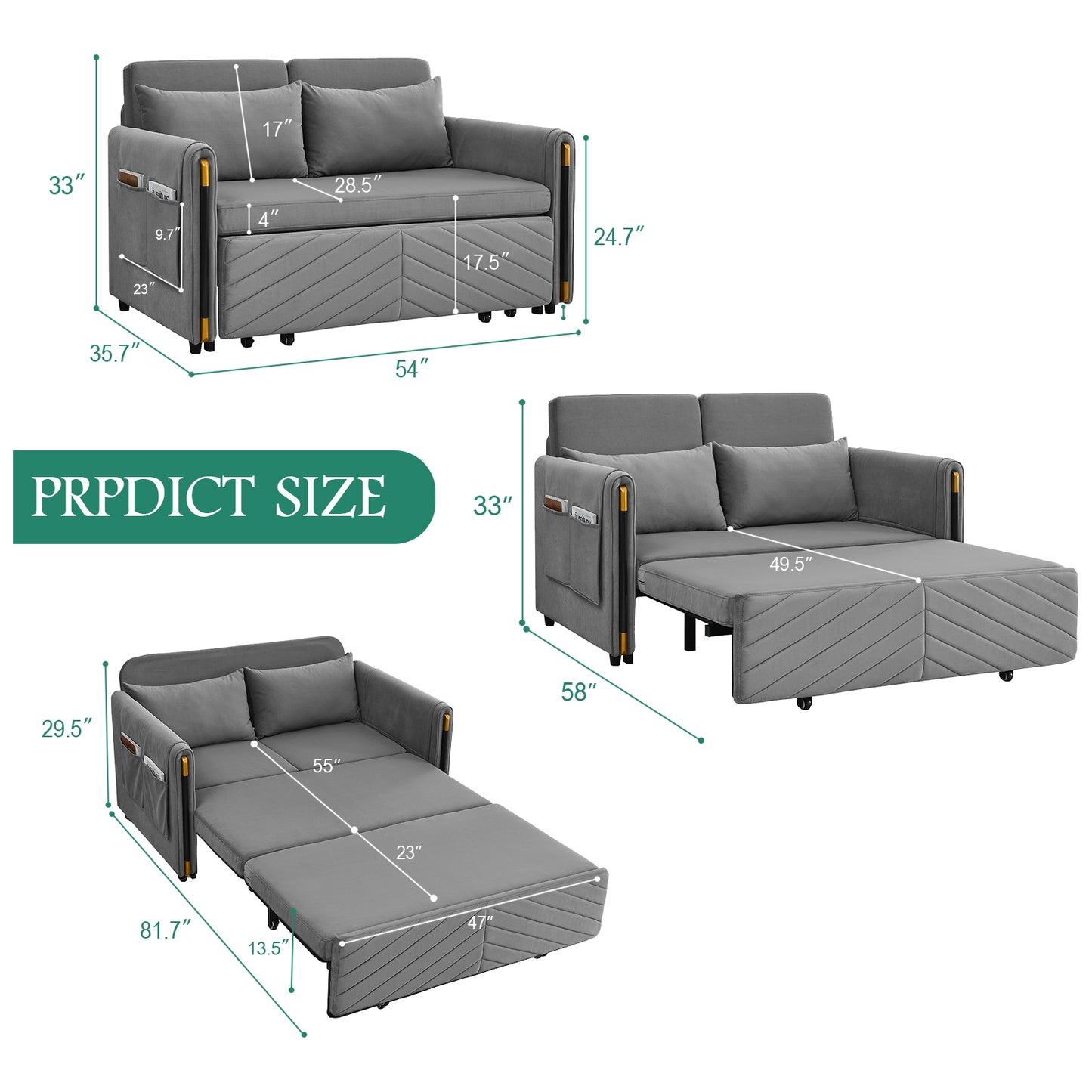 Muumblus 54" Pull Out Sleeper Sofa, Modern Velvet Convertible Loveseat Sleeper with Pull Out Bed for Living Room, Grey