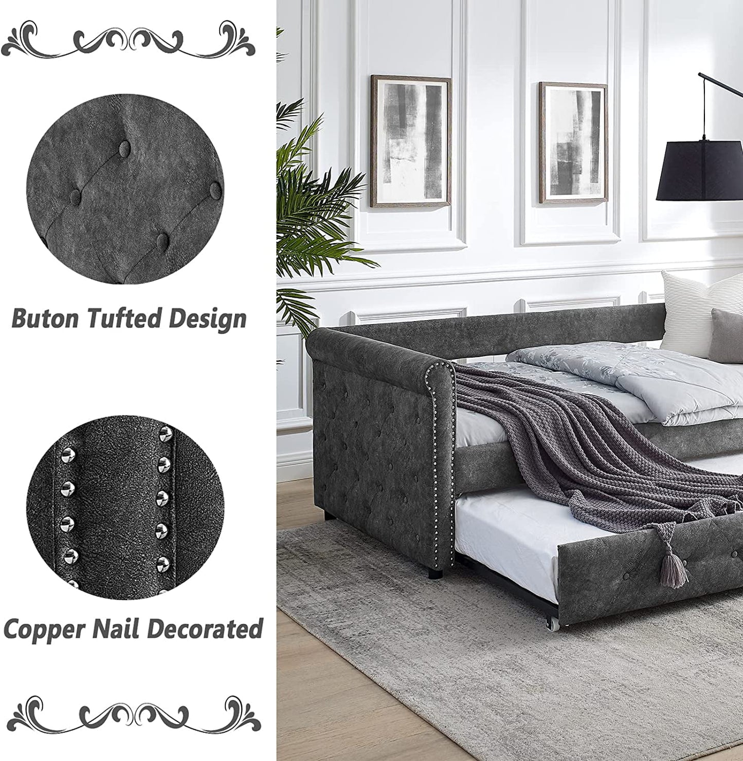 Daybed with Trundle, Muumblus Modren Kids Adult Pull Out Sofa Bed for Bedroom & Living Room