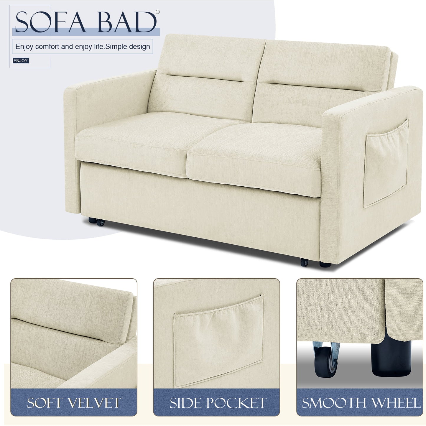 Muumblus 54.5" Pull Out Sofa Bed, Convertible Futon Sofa Bed with Pull Out Bed, Loveseat Sleeper Sofa for Living Room, Adjustable Back
