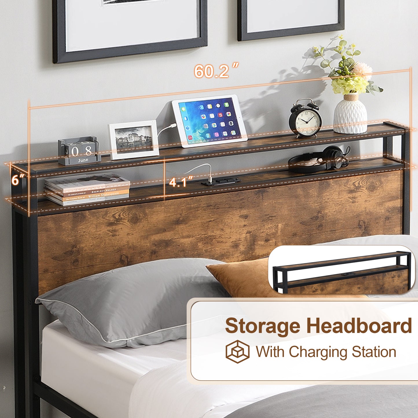Muumblus Industrial Platform Bed with Charging Station, 2 Tier Storage Headboard, Dark Brown Wood