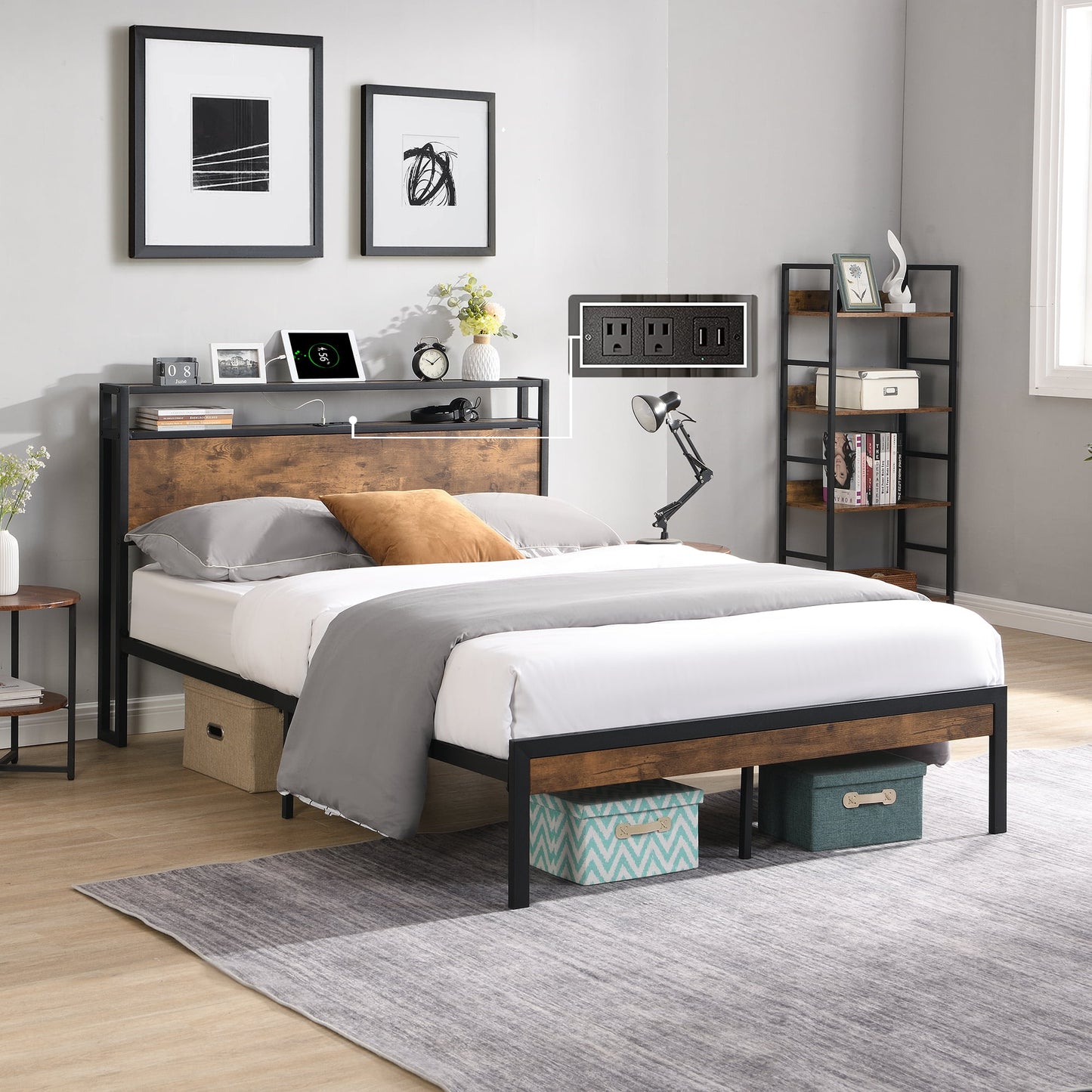 Muumblus Industrial Platform Bed with Charging Station, 2 Tier Storage Headboard, Dark Brown Wood