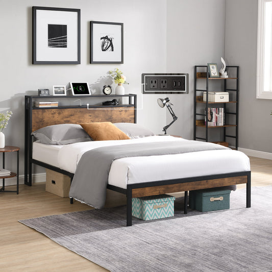 Muumblus Industrial Platform Bed with Charging Station, 2 Tier Storage Headboard, Dark Brown Wood