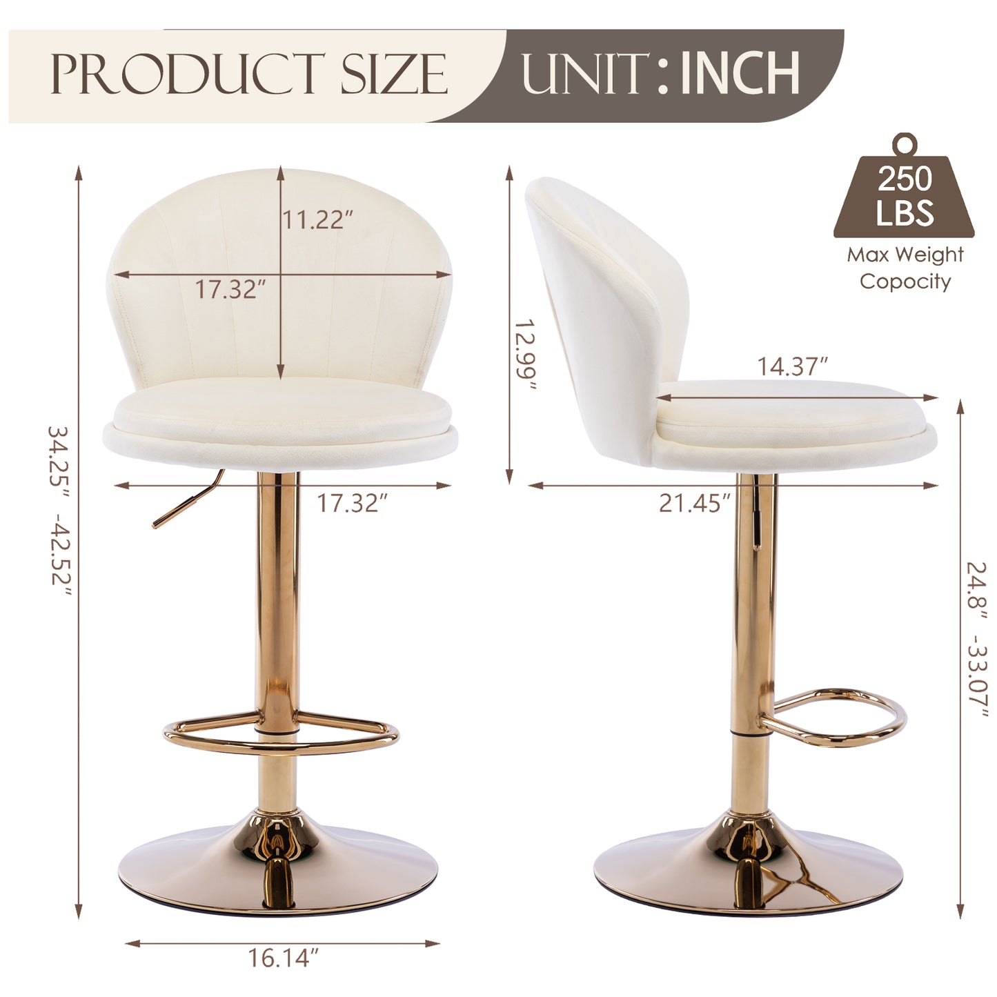 Muumblus Swivel Bar Stools for Kitchen Island, Full Back Modern Velvet Counter Height Adjustable, Set of 2