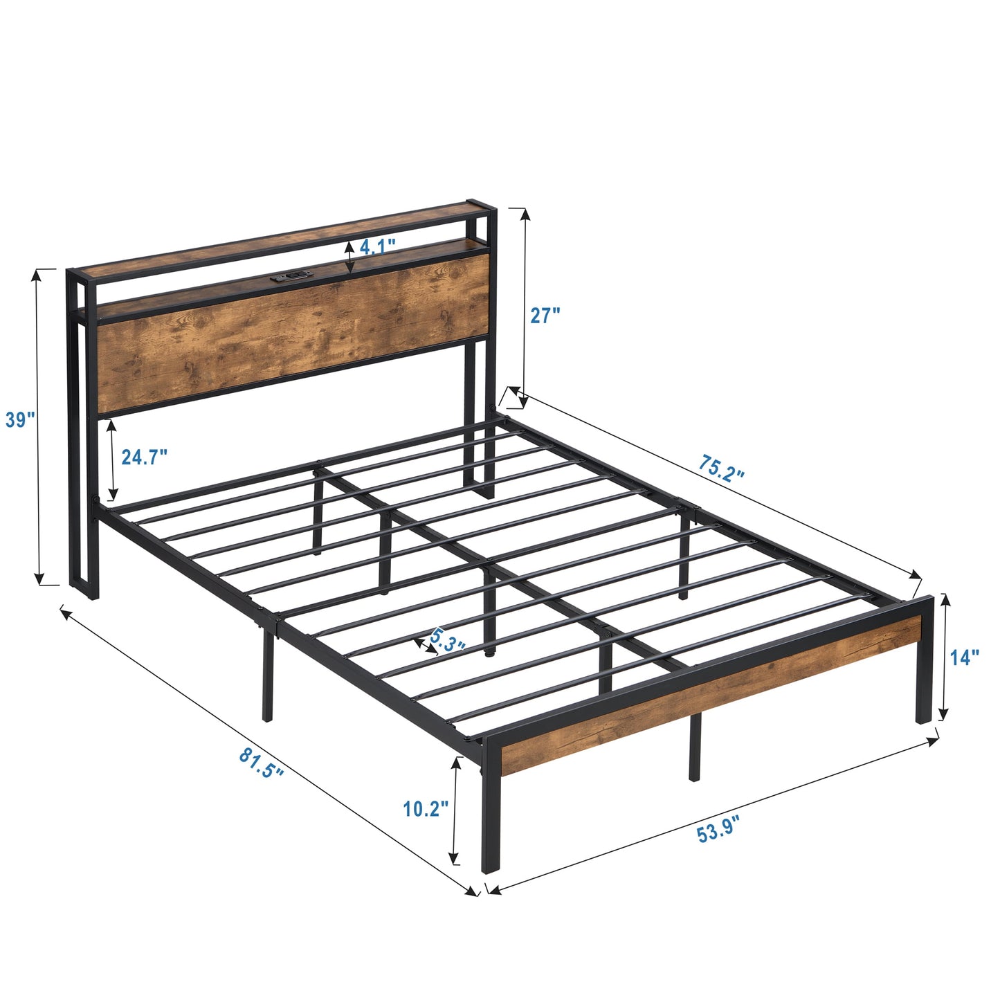 Muumblus Industrial Platform Bed with Charging Station, 2 Tier Storage Headboard, Dark Brown Wood