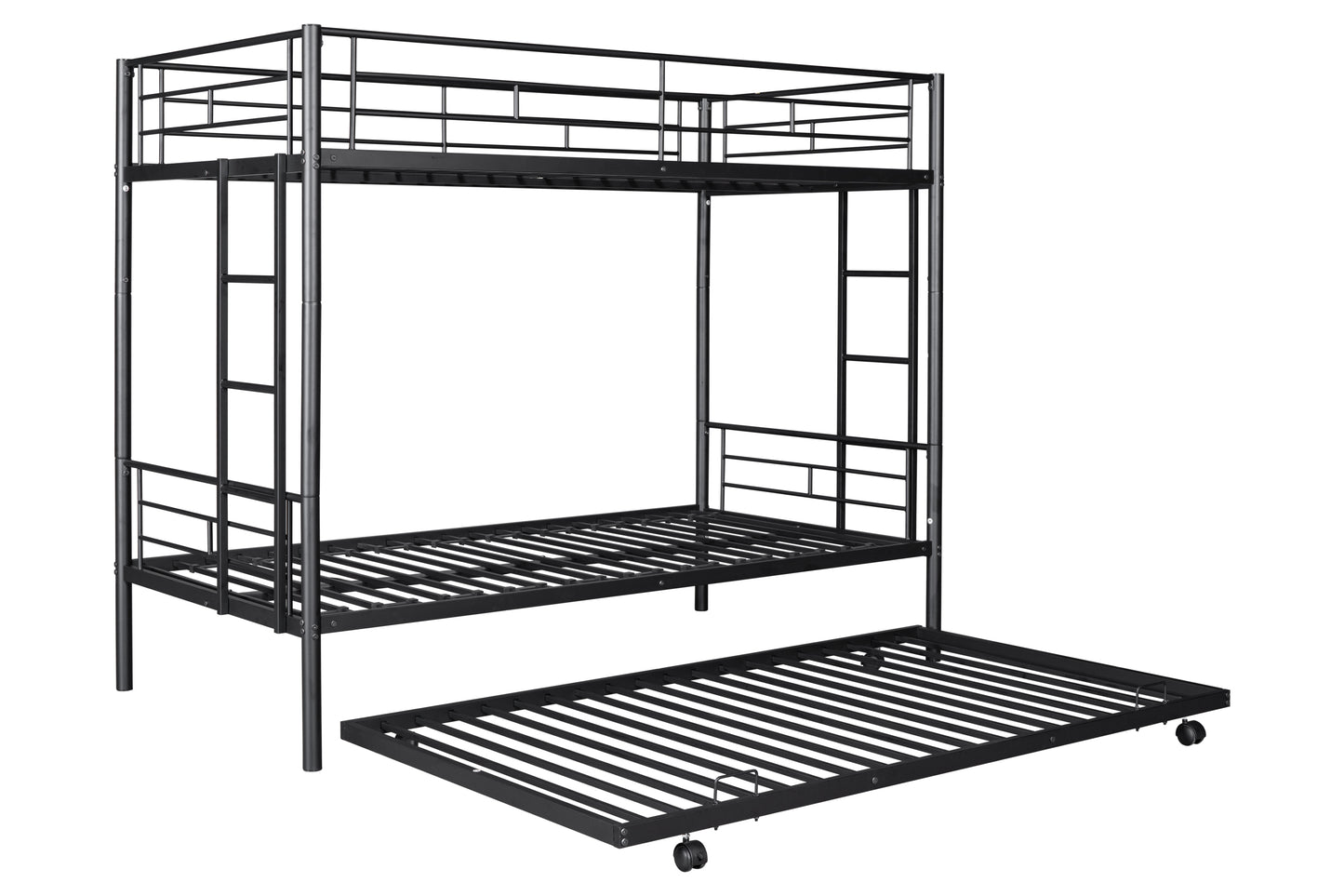 Muumblus Twin Over Twin Bunk Bed with Trundle, Metal Bed Frame with Safety Guard Rail and Ladders, Space Saving Design Bedroom Bunk Bed for Kids and Adults, M925