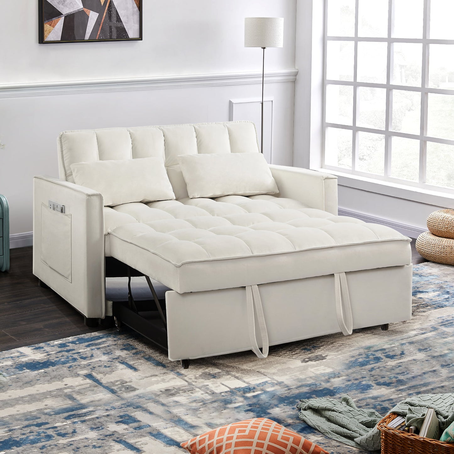 Muumblus Convertible Futon Sofa Bed, Small Space Loveseat Sleeper with Pull Out Bed, Modern Velvet Sofa Couch for Living Room, Adjsutable Backrest
