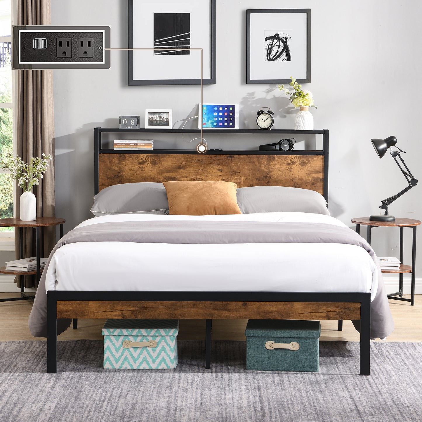 Muumblus Industrial Platform Bed with Charging Station, 2 Tier Storage Headboard, Dark Brown Wood