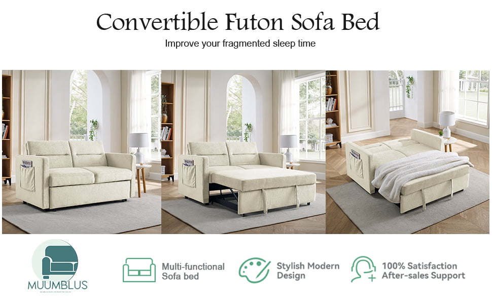 Muumblus 54.5" Pull Out Sofa Bed, Convertible Futon Sofa Bed with Pull Out Bed, Loveseat Sleeper Sofa for Living Room, Adjustable Back