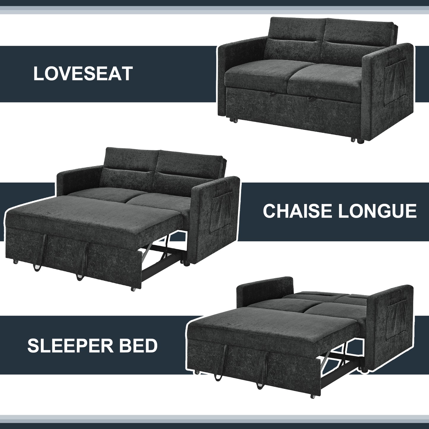 Muumblus 54.5" Convertible Loveseat Sleeper Sofa Bed with Pull Out Bed, Modern Velvet Sleeper Sofa for Living Room, Adjsutable Backrest, Black