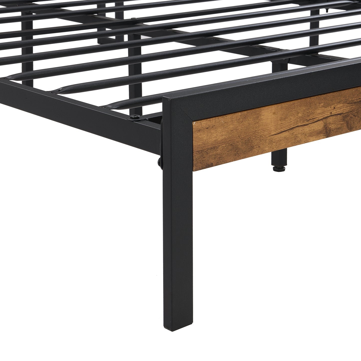 Muumblus Industrial Platform Bed with Charging Station, 2 Tier Storage Headboard, Dark Brown Wood