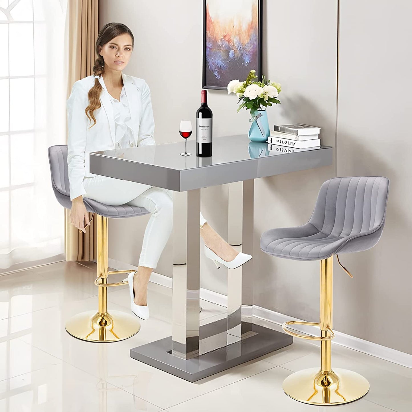 Bar Stools Set of 2, Muumblus Morden Velvet Counter Bar Height Stools with Shell Back, Adjustable 360 Degree Swivel Bar Chairs for Home, Kitchen Island