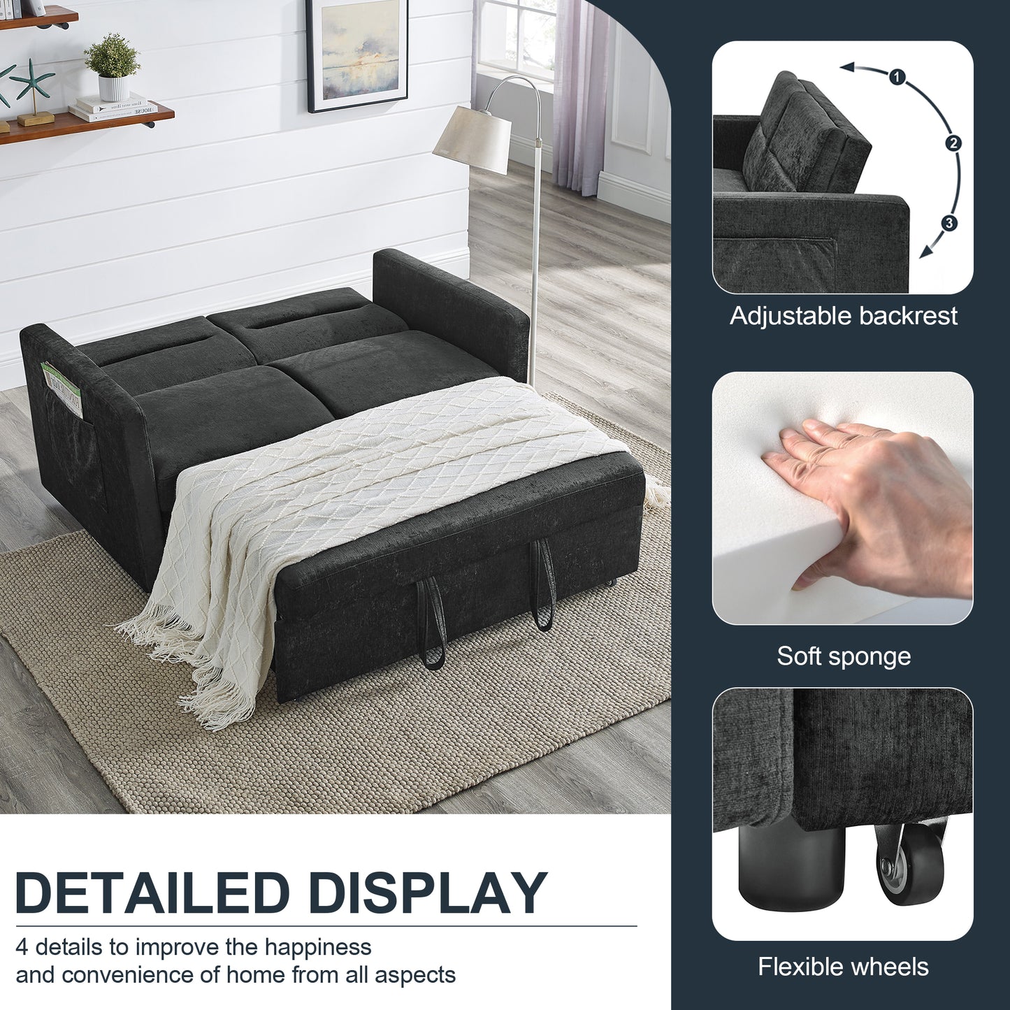 Muumblus 54.5" Convertible Loveseat Sleeper Sofa Bed with Pull Out Bed, Modern Velvet Sleeper Sofa for Living Room, Adjsutable Backrest, Black